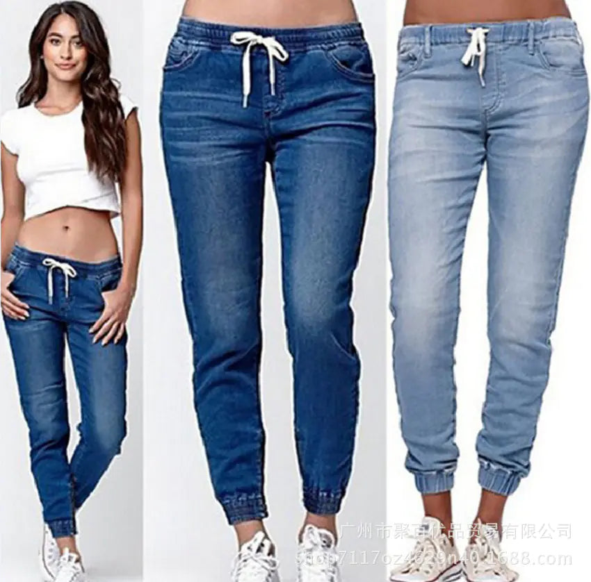 Women's Washed Lantern Denim Pants with Drawstring