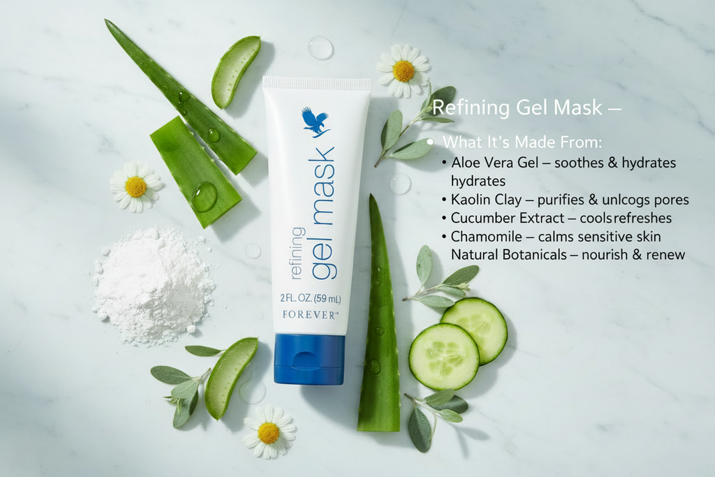 Forever’s refining gel mask nourishes your skin while you sleep with a bounty of botanicals, natural moisturizers and aloe.
