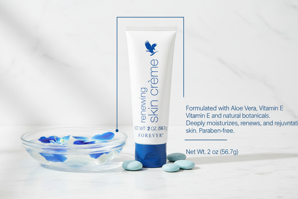 Product description Forever’s renewing skin crème promotes the appearance of younger-looking skin by helping skin retain its natural moisture and restore its resilience.