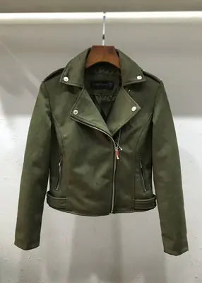 Suede Lapel Long Sleeve Zipper Detail Leather Jacket