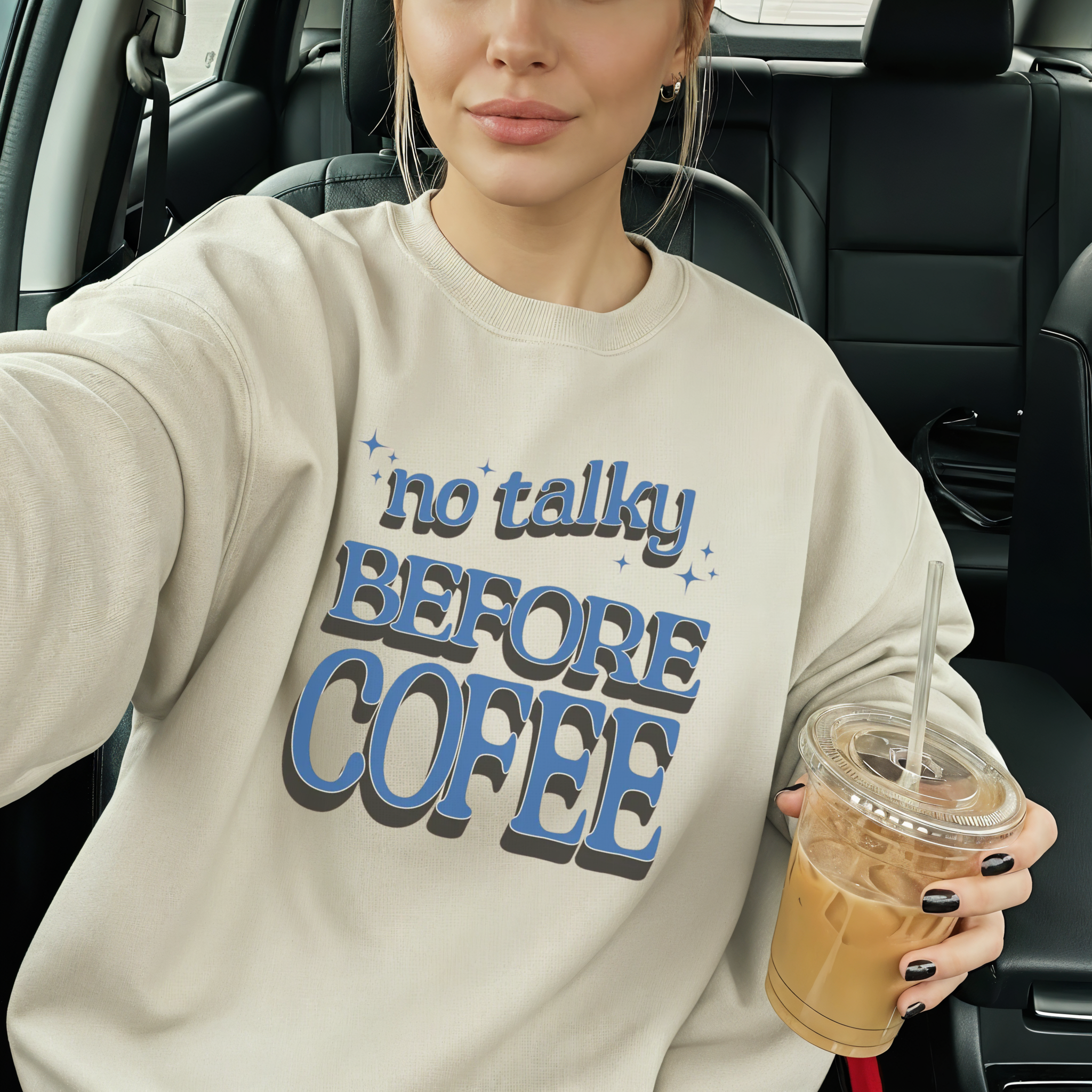 No Talky Before Coffee Crewneck Sweatshirt – Retro Blue Lettering Graphic