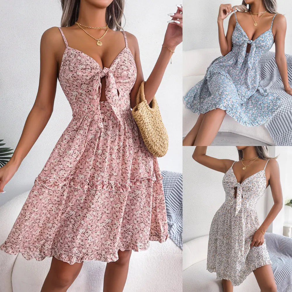 Floral Bow V-Neck Ruffled Maxi Dress for Vacation