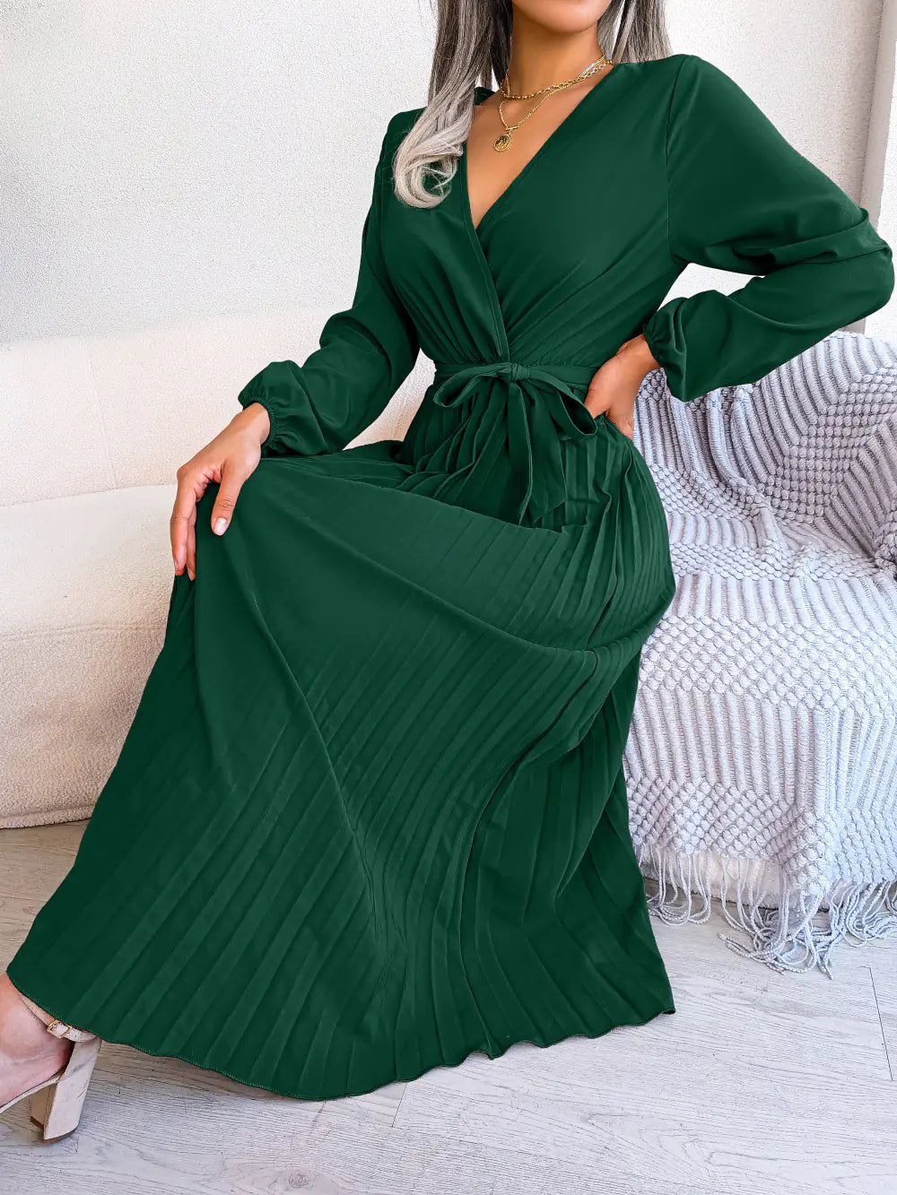 Spring/Summer Cross V-Neck Pleated Maxi Dress