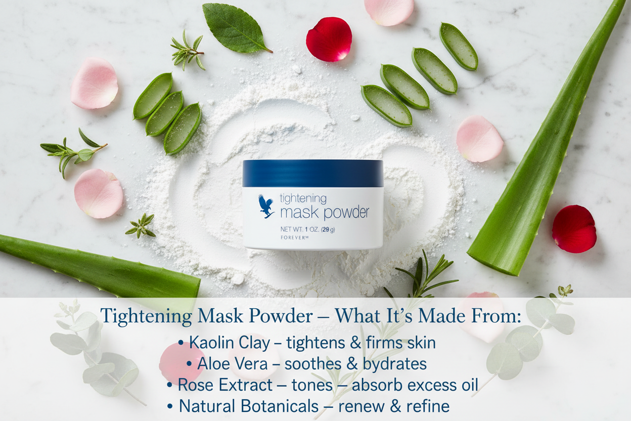 Forever’s tightening mask powder pairs perfectly with Forever’s aloe activator to create a rejuvenating face mask that smooths cleanses and helps tighten skin