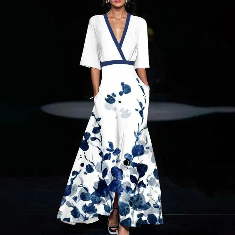 Summer V-Neck Floral Split Maxi Dress with Belt