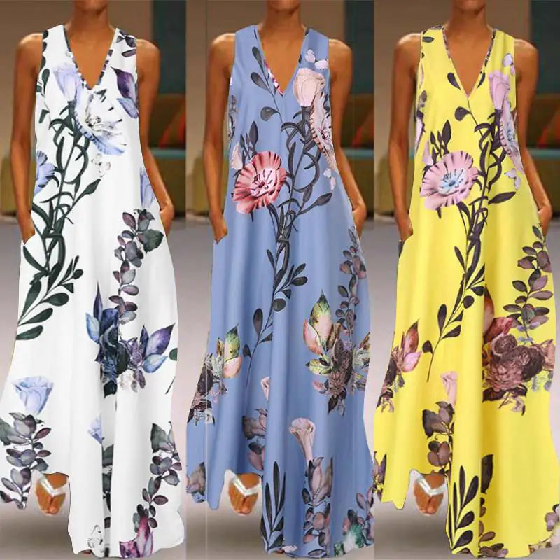 Sleeveless Floral Dress with Deep V Neck for Summer