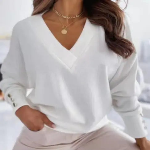 Casual Loose Button V-Neck Long Sleeve Sweatshirt