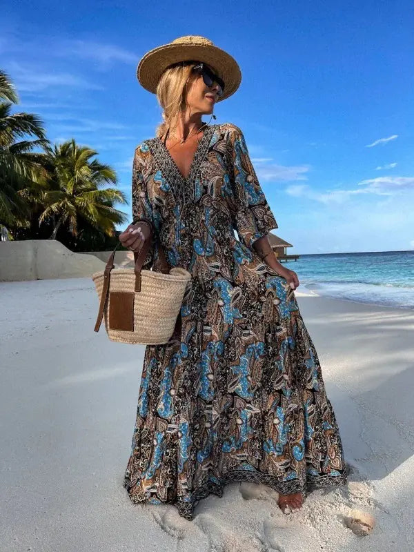 Bohemian Style V-Neck Floral Maxi Dress for Women