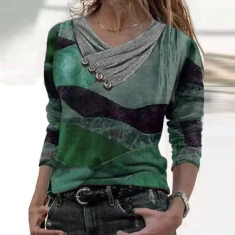 Printed Long-Sleeved V-Neck T-Shirt Top