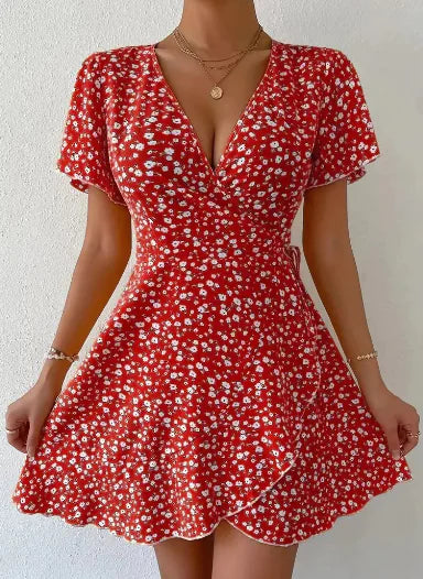 Summer V-Neck Printed Dress - New Short Sleeve Style