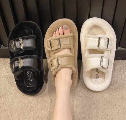 Women's Furry Fleece-lined Cotton Slippers with Belt Buckle
