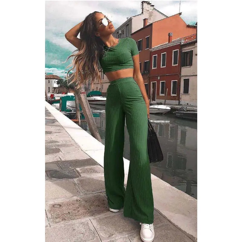 High Elastic Cotton Wide Leg Pants Two-Piece Set
