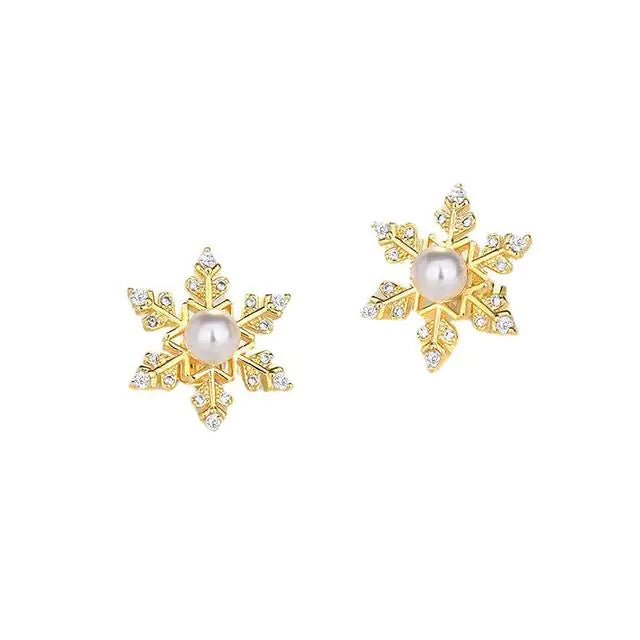 Sterling Silver Snowflake Earrings with Zircon and Pearl