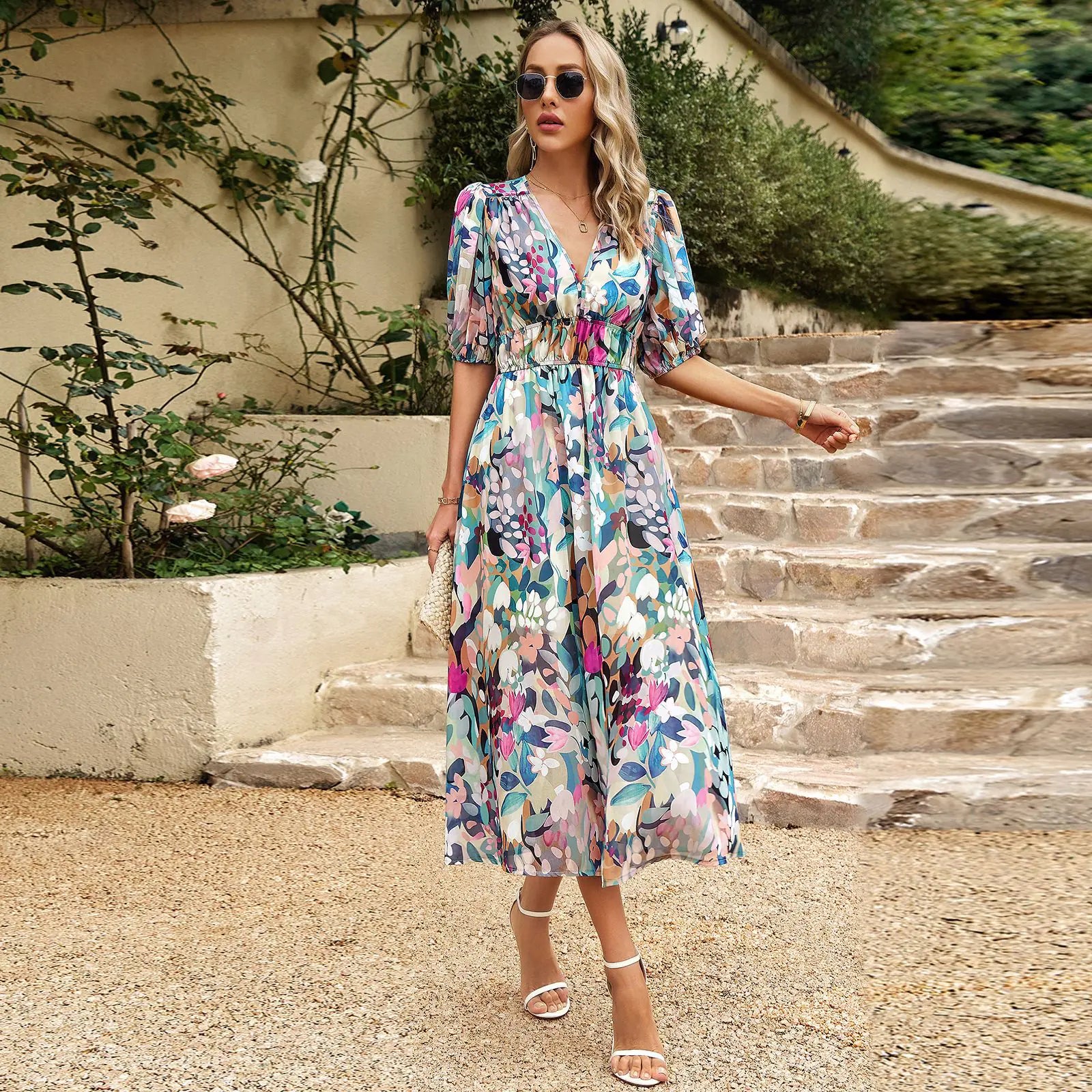 Summer Floral V-Neck Dress by Dukun Design
