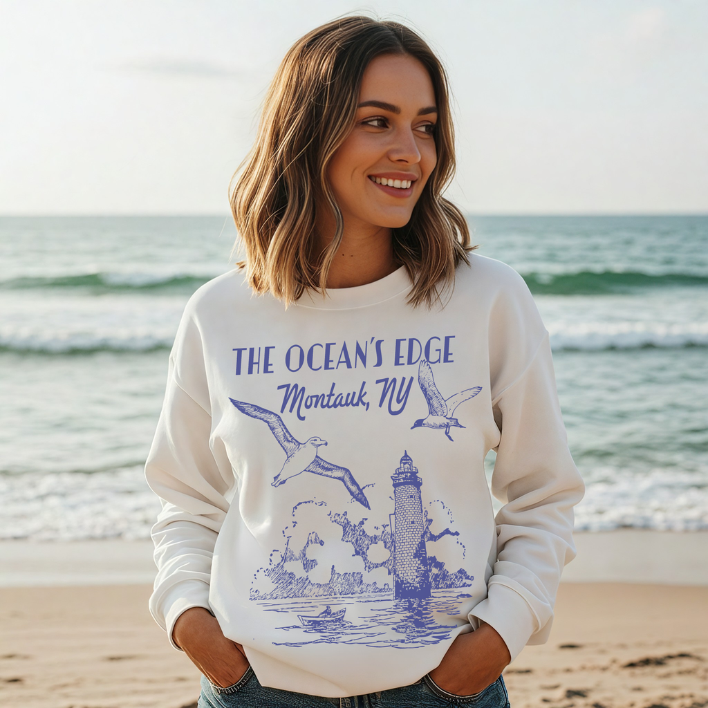 Montauk Lighthouse “The Ocean’s Edge” Coastal Graphic Crewneck Sweatshirt