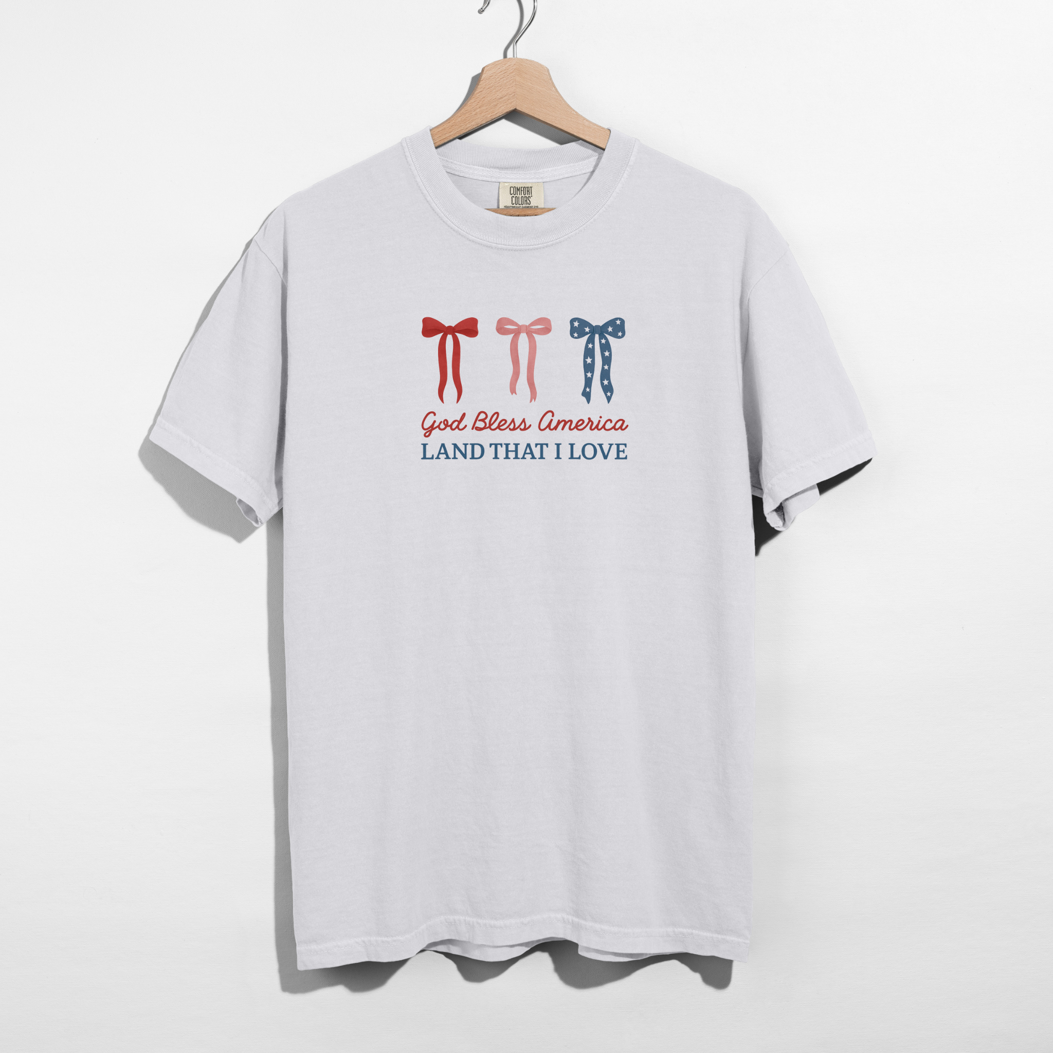 God Bless America Bow Graphic Tee – Patriotic Red White Blue Shirt