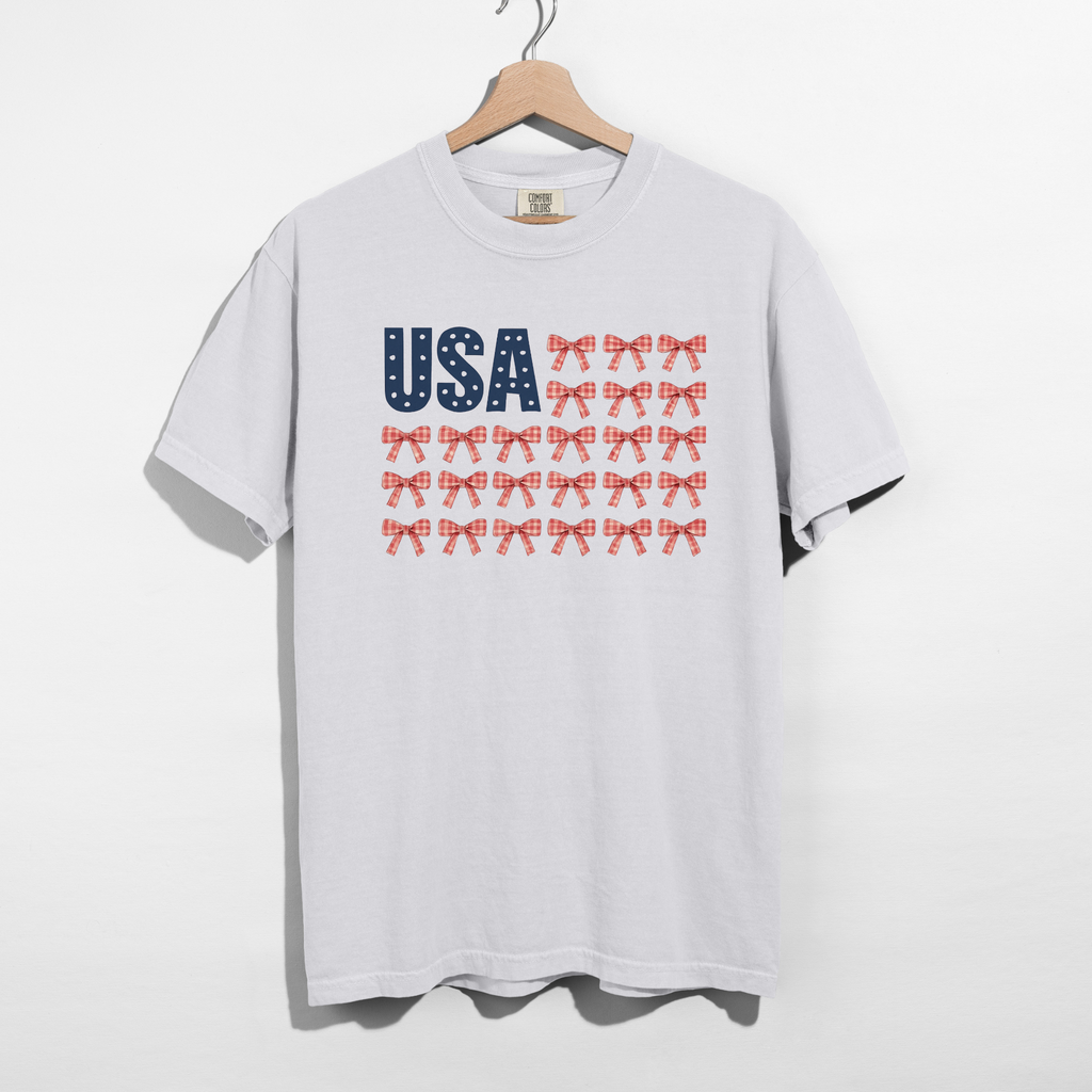 USA Bow Flag Graphic Tee - Patriotic Gingham Bows Shirt