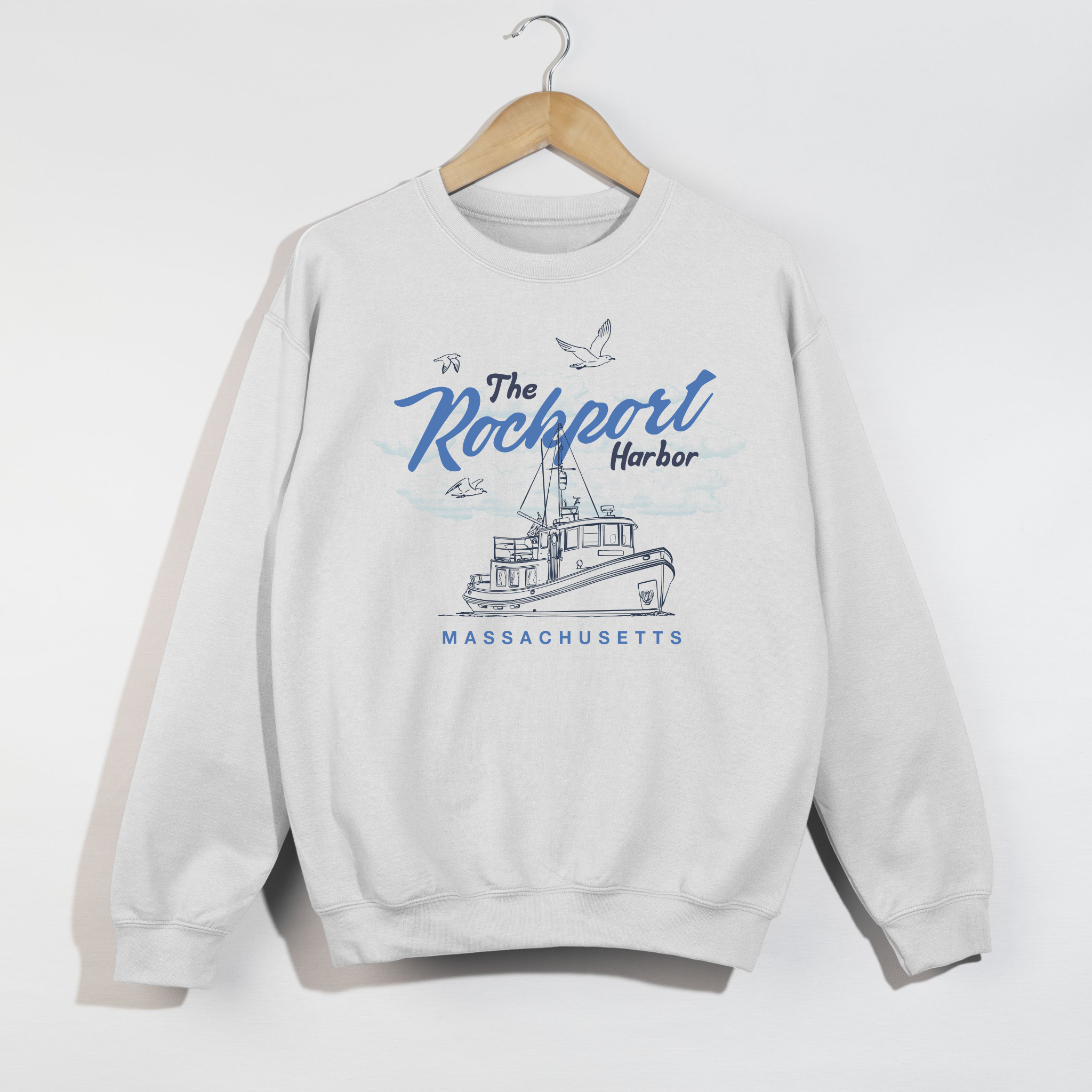 Rockport Harbor Massachusetts Crewneck Sweatshirt – Coastal New England Boat Graphic Pullover