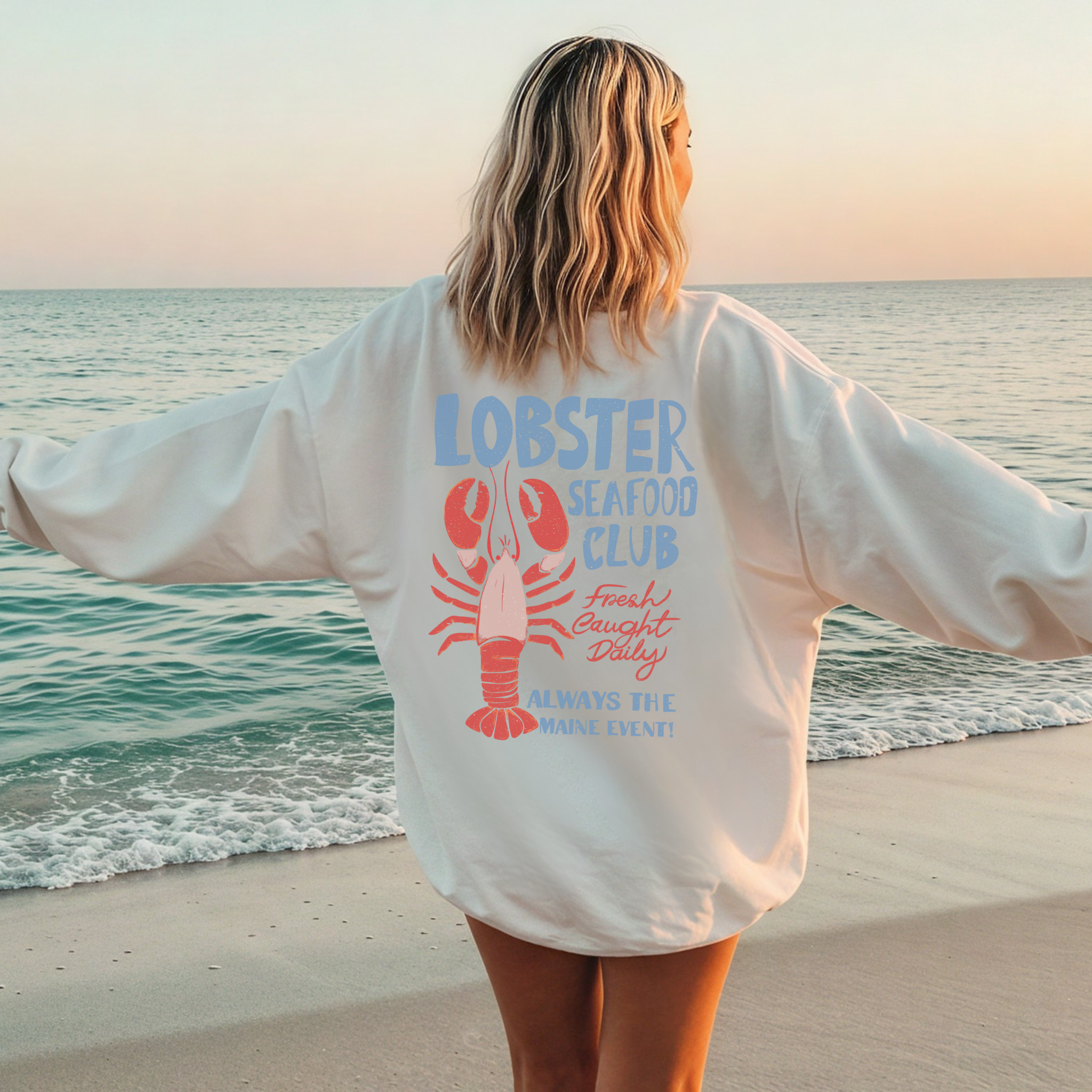 Maine Lobster Seafood Club Crewneck Sweatshirt – Coastal New England Lobster Graphic Pullover