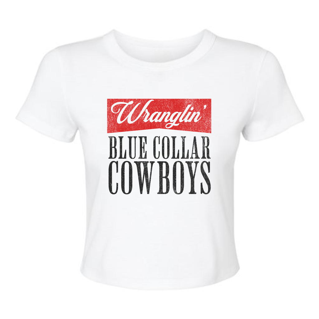 Wranglin’ Blue Collar Cowboys Crop Tee – Western Cowgirl Graphic Shirt