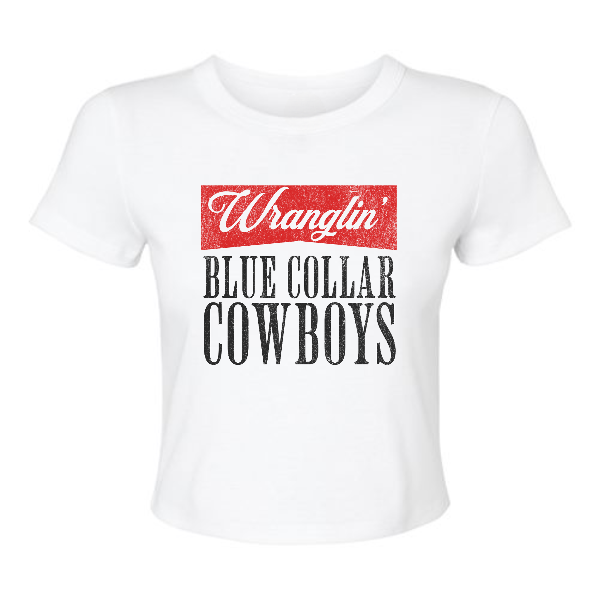 Wranglin’ Blue Collar Cowboys Crop Tee – Western Cowgirl Graphic Shirt