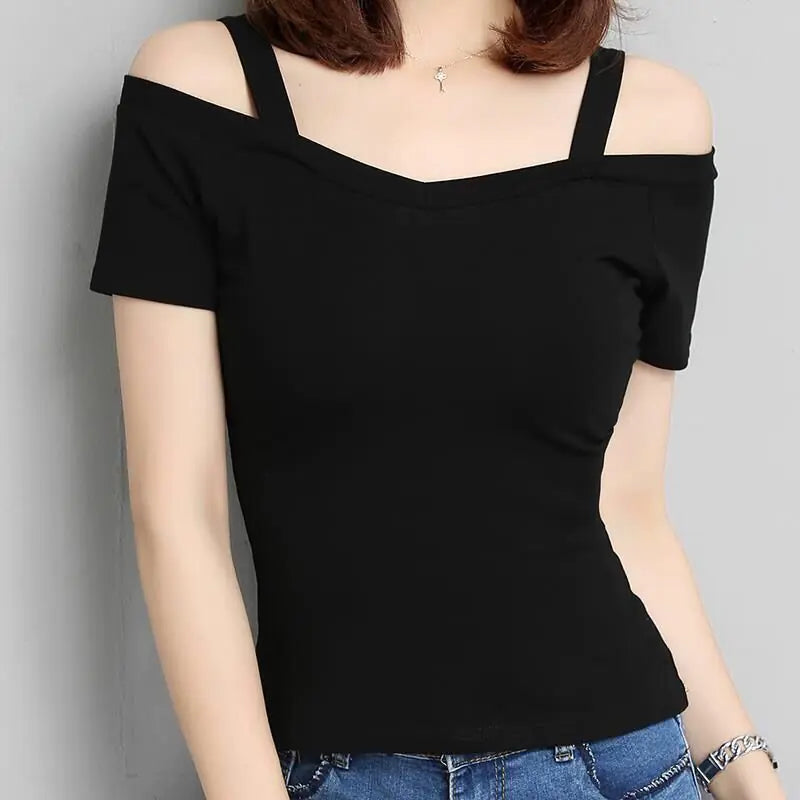 Korean Fashion Slim Off-Shoulder Short Sleeve T-Shirt