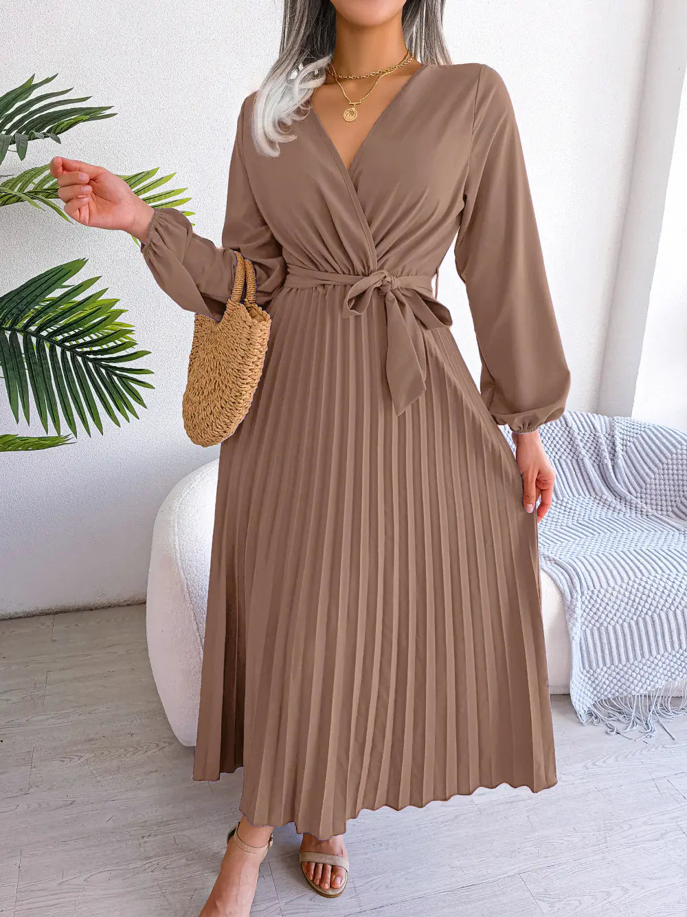 Spring/Summer Cross V-Neck Pleated Maxi Dress