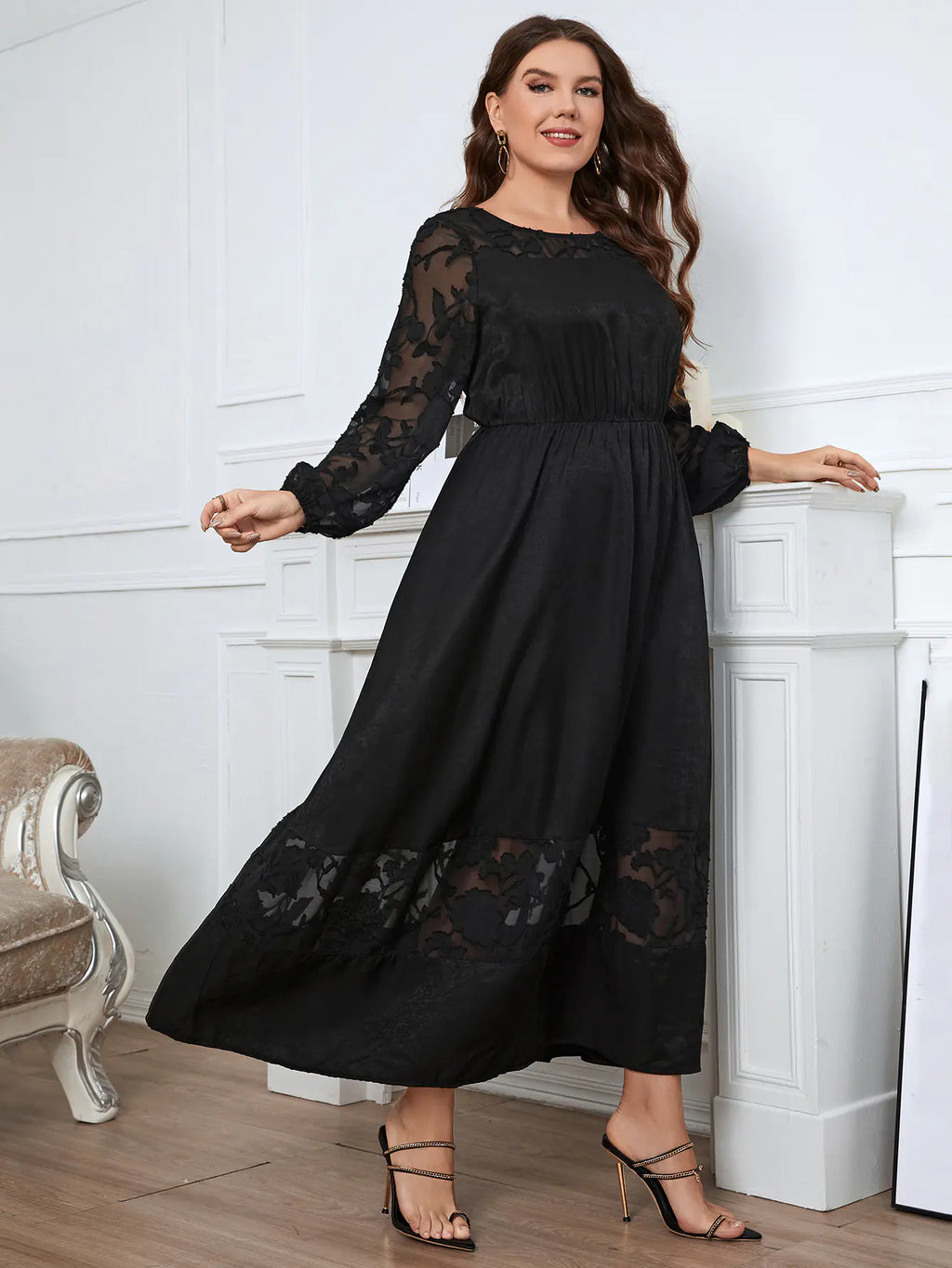 Plus Size Lace Midi Dress for Fall - Long Sleeve Elegance