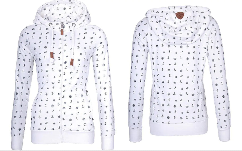 Hooded Zipper Print Fleece Sweater for Women