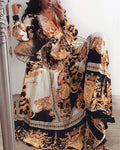 Vintage Floral Maxi Dress with V-Neck and Long Sleeves