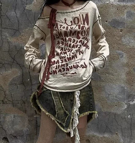 Retro Waste Distressed Long-sleeved T-shirt Top