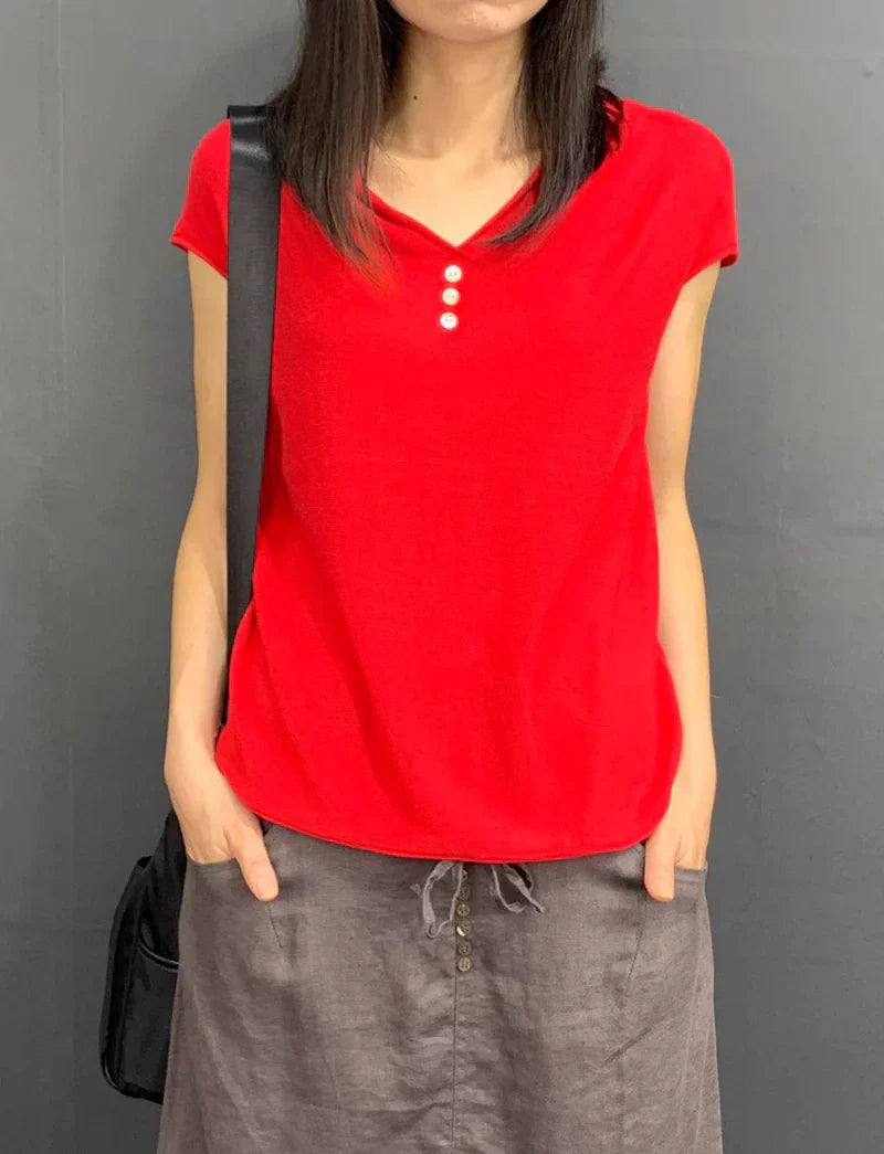 Women's Loose Fit V-Neck Short Sleeve Knit Top
