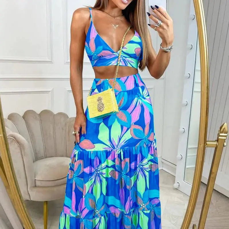 Summer Floral V-Neck Maxi Dress Two-Piece Set for Women