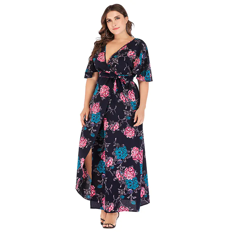Bohemian V-Neck Short Sleeve Beach Dress with Slit